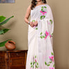 Pure White Linen Saree With Pink Floral Details