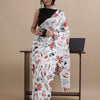 Pure White Soft Linen Hand Block Printed Floral Saree